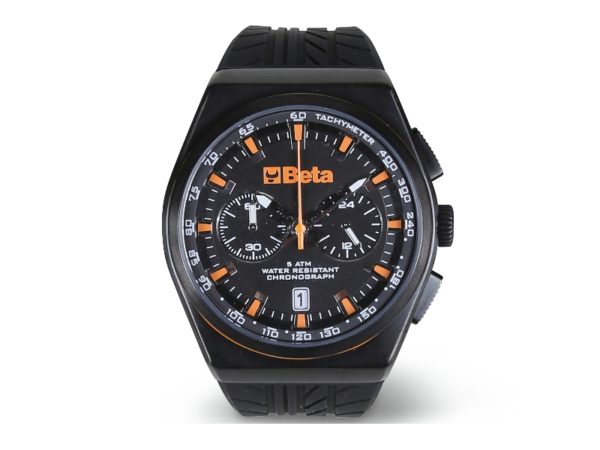 Chronograph, steel case, 5 ATM water resistant, silicone strap