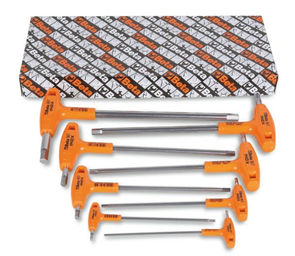 Set of 8 offset hexagon key wrenches, with high torque handles, made of stainless steel