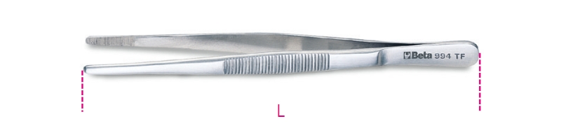Spring tweezers, acid and magnetic resistant, large round noses, strong and knurled ends made from stainless steel semi-bright finish category image