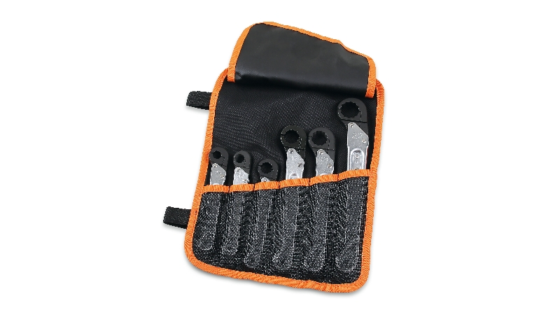 ​​Set of 6 ratchet opening single ended bi-hex wrenches in roll-up wallet made of durable polyester category image