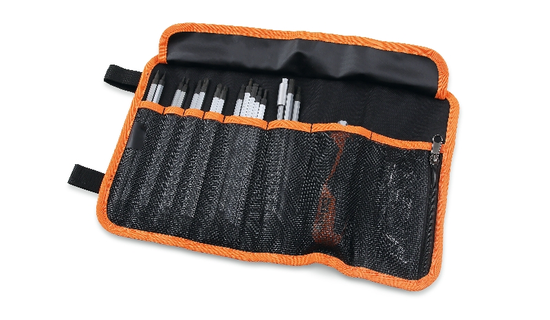 ​Assortment of 16 reversible screwdrivers,  9 1/4″ sockets, 2 accessories  and 1 handle, in durable polyester wallet category image