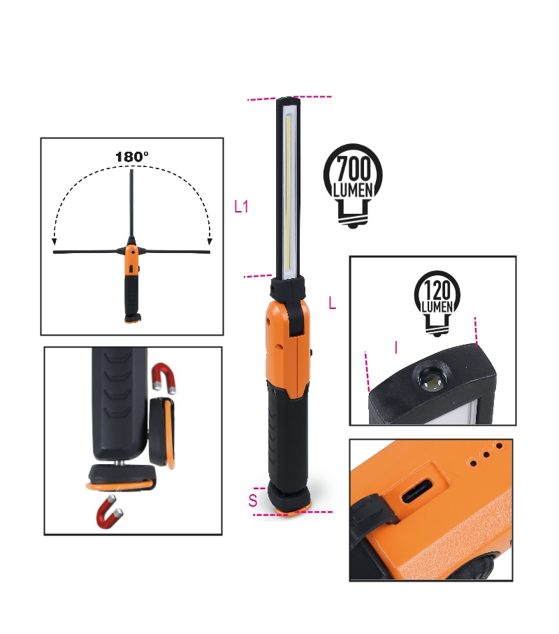 ​Rechargeable LED inspection lamp, with double light emission, articulated, can be rotated 180°, with swivel magnetic base and hook category image