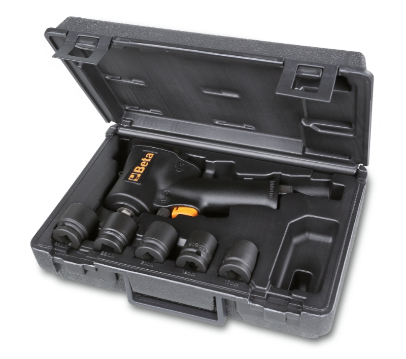 Assortment of one compact reversible impact wrench and five impact sockets, in plastic case category image
