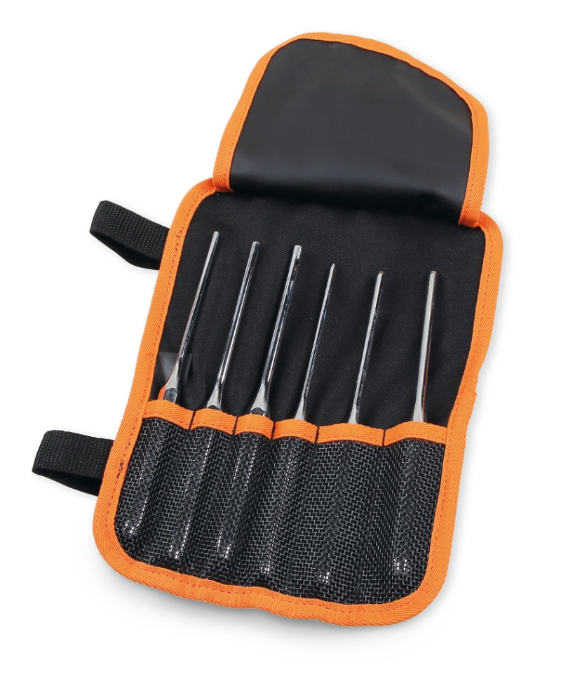 ​Set of 2 drift punches, 1 centre punch, 2 flat chisels and 1 cape chisel in roll-up wallet made of polyester category image