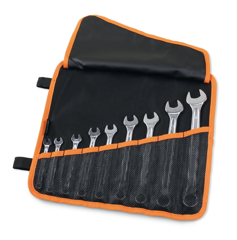 ​​Set of 9 combination wrenches, bright chrome-plated (item 42MP) in roll-up wallet made of durable polyester category image