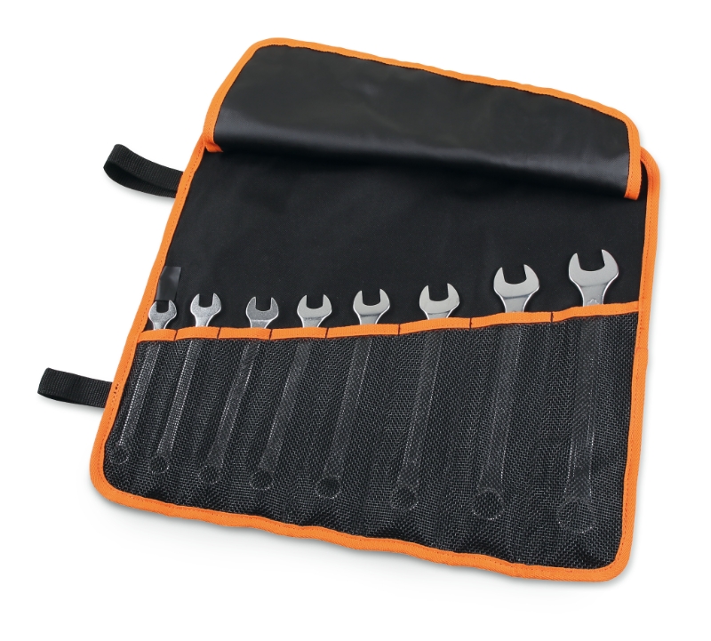 Set of 8 combination wrenches with thin open ends in roll-up wallet made of durable polyester category image