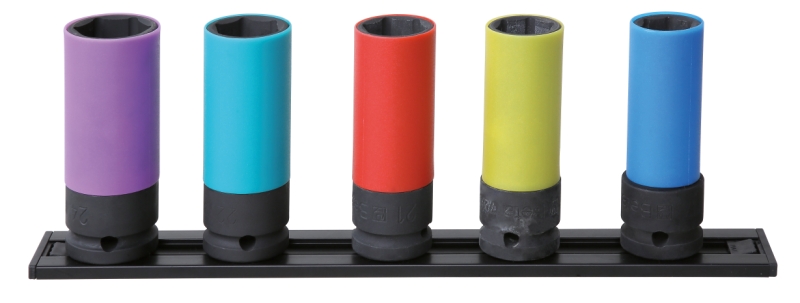 ​​Set of 5 impact sockets for wheel nuts, with coloured polymeric inserts, 1/2″ drive, on magnetic guide category image