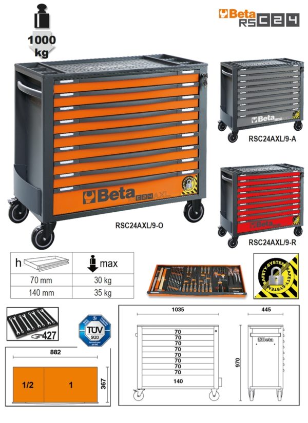 Mobile roller cab with 9 drawers,  with anti-tilt system,  long model