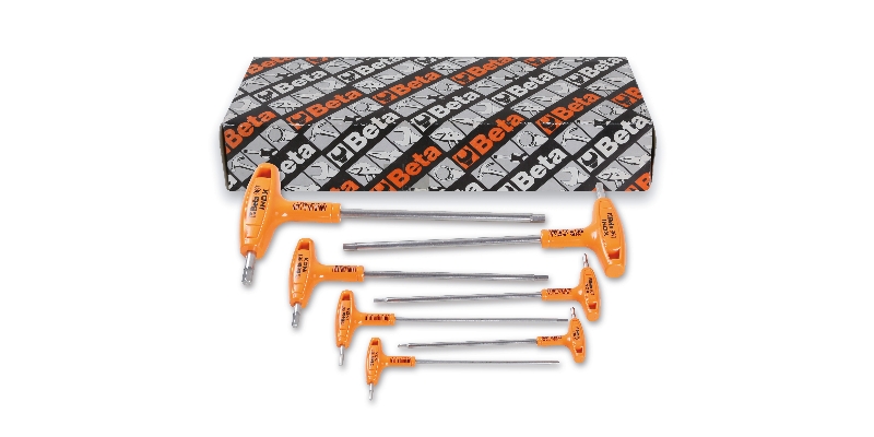 Set of 7 offset hexagon key wrenches, with high torque handles, made of stainless steel category image